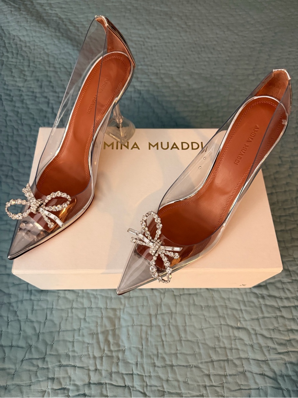 Ina Clear PVC Pointed-Toe Heels with Crystal Bow - Brown Insole
